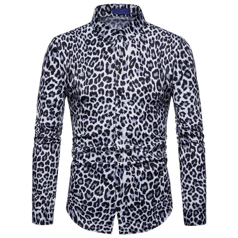 

Men Casual Shirt Leopard Print Button Down Slim Fit Long Sleeve, White