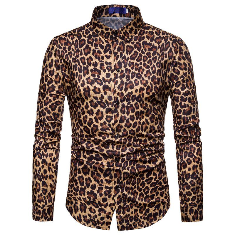 

Men Casual Shirt Leopard Print Button Down Slim Fit Long Sleeve