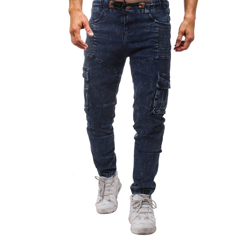 

Men Washed Ruched Side Pocket Deep Blue Jeans, Navy blue;blue