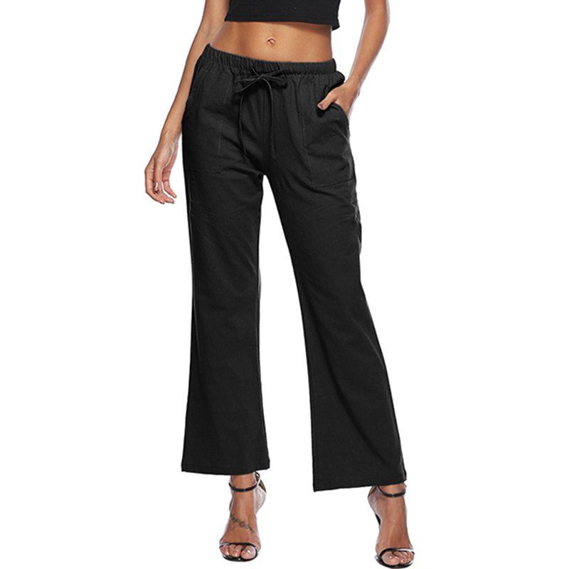 

Casual Solid Color Drawstring Loose Pocket Bell-Bottoms, Natural black