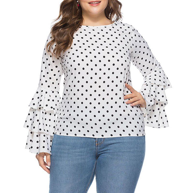 

Loose Double Layer Leaf Sleeve Polka Dot Blouse, White