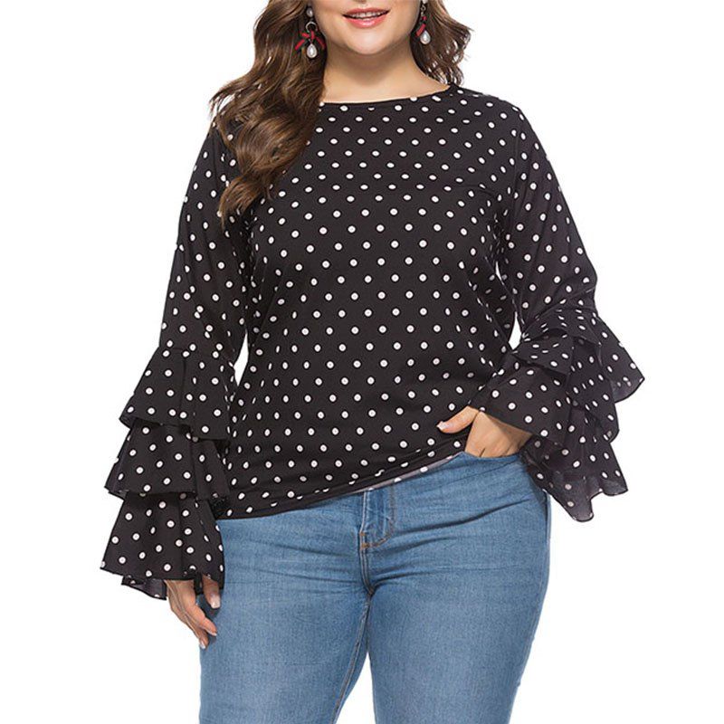 

Loose Double Layer Leaf Sleeve Polka Dot Blouse, Black