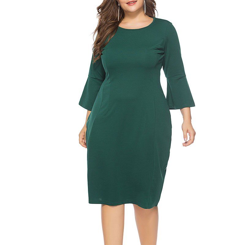 

Solid Color Slim Flare Sleeve Dress, Medium sea green