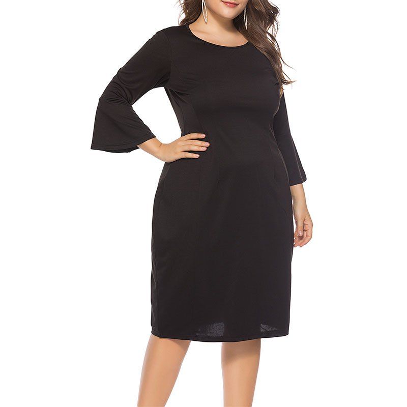 

Solid Color Slim Flare Sleeve Dress, Black