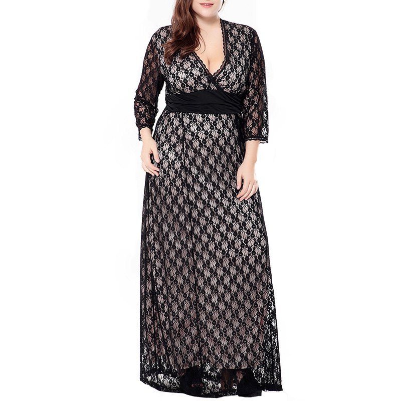 

Hollow Out V Collar 3/4 Length Sleeve Party Dress, Night