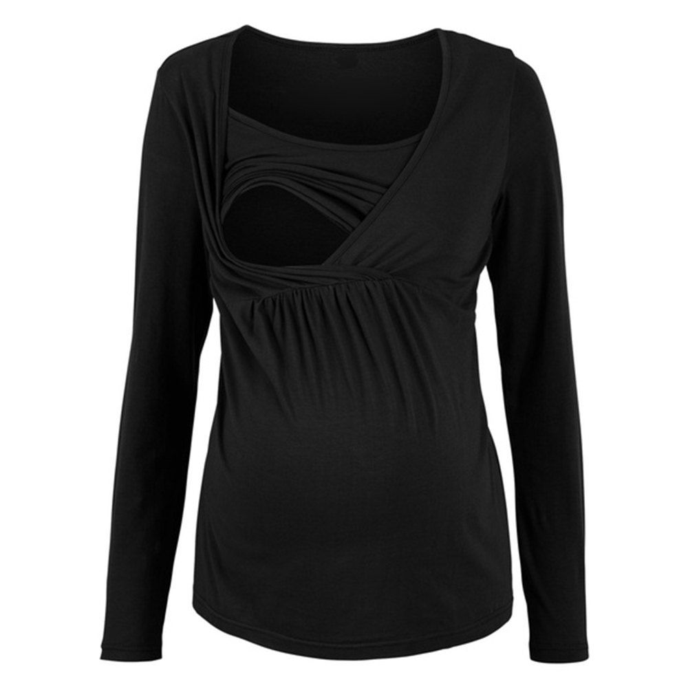 

Maternity Casual Round Neck Plus Size Long Sleeve Solid Color Suckle T-shirt Top, Black