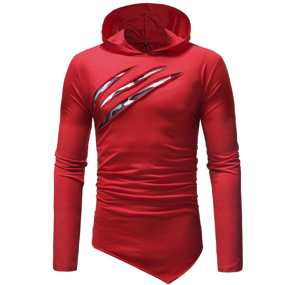 

Men's Fashion Casual Slim Chest Scratches Hooded Long-Sleeved T-shirt, Red