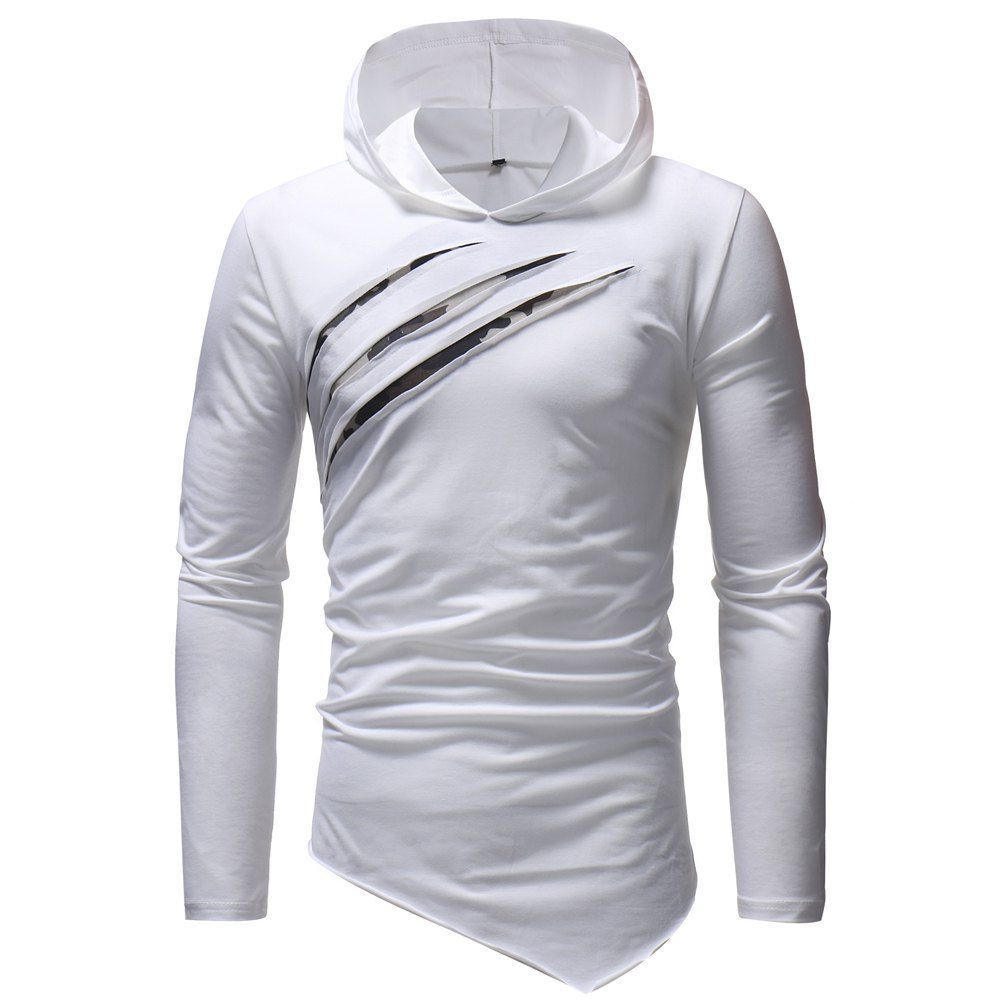 

Men's Fashion Casual Slim Chest Scratches Hooded Long-Sleeved T-shirt, White