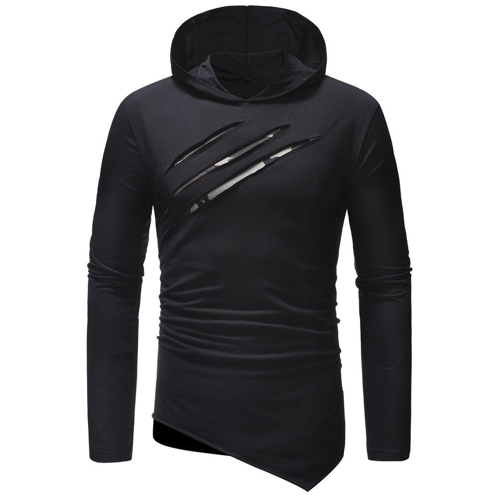 

Fashion Casual Chest Scratches Men's Slim Hooded Long-sleeved T-shirt, Black