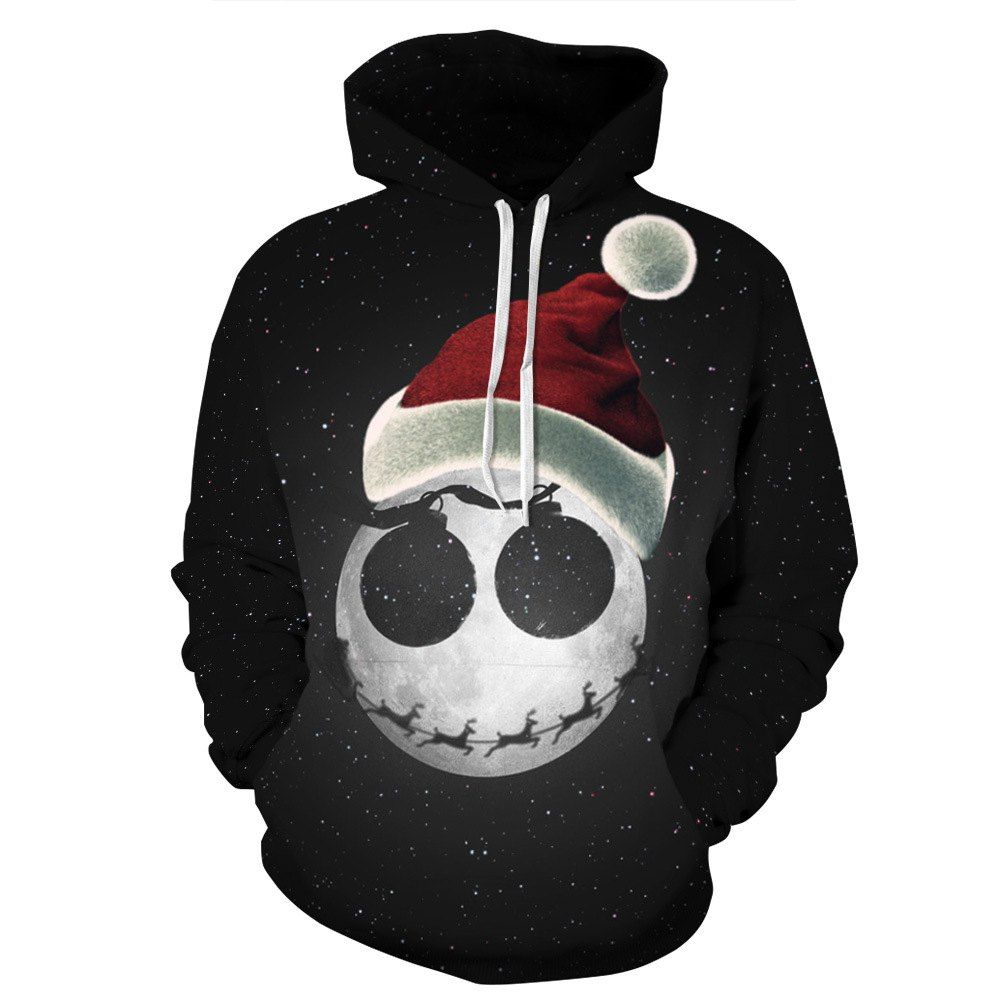 

Starry Sky Printed Christmas Long Sleeve Lover Hoodies, Black