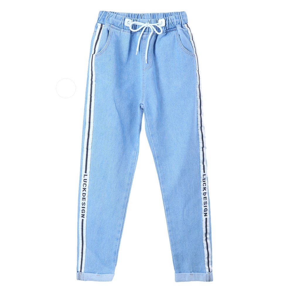 

Women' Jeans Washed Style Elastic Waist Patchwork Casual Pants, Light sky blue