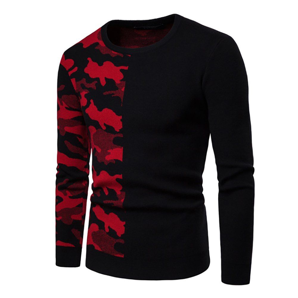 

Men'S Long Sleeve Camouflage Round Neck Casual Wild Knit Sweater, Red