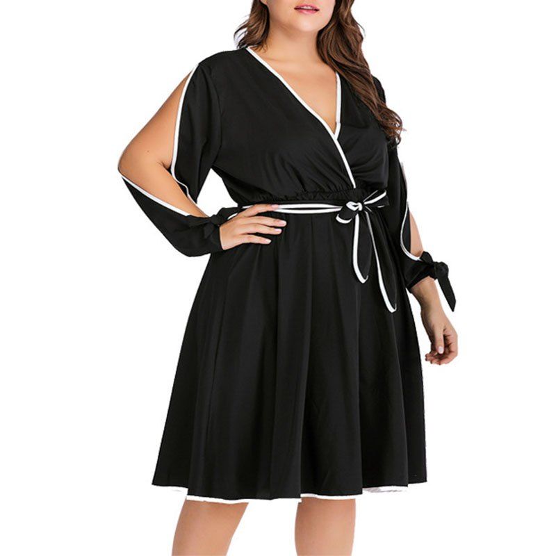 

V Collar Long Sleeve Waistband Splicing Dress, Black