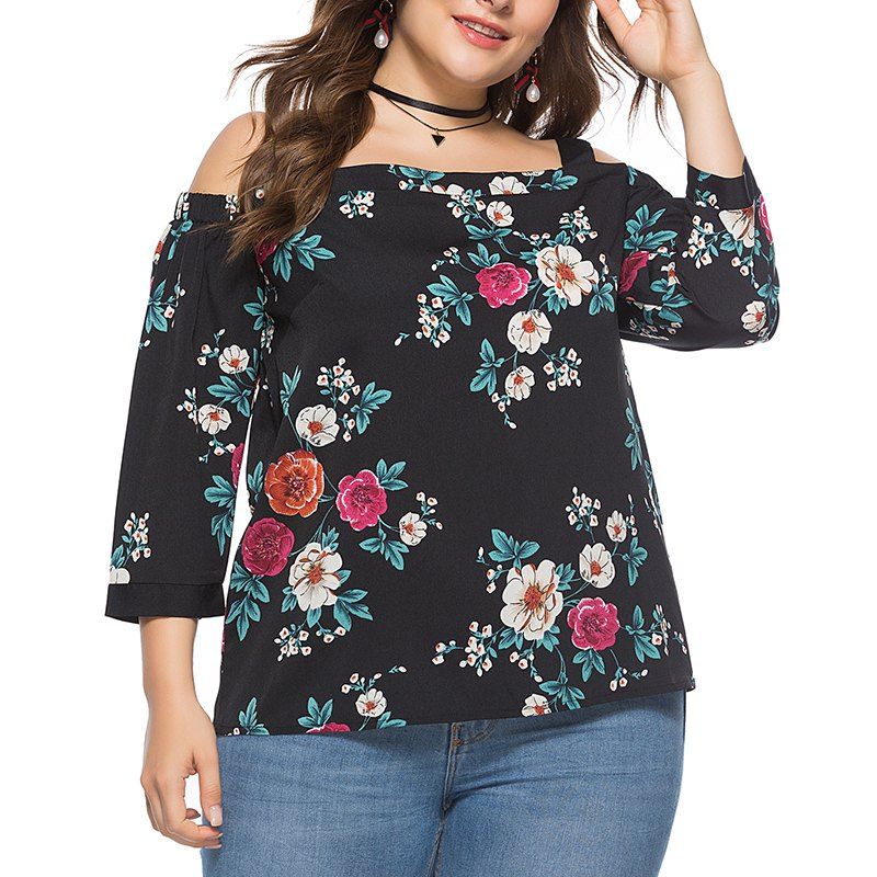 

Printing Loose Off Shoulder Sling Blouse, Black