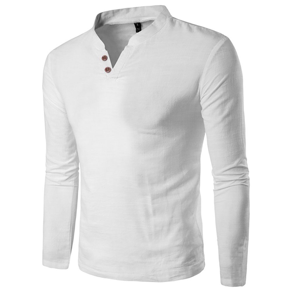 

Autumn New Men'S Long Sleeved T-Shirt Mandarin Collar Casual Men Top Tee, White