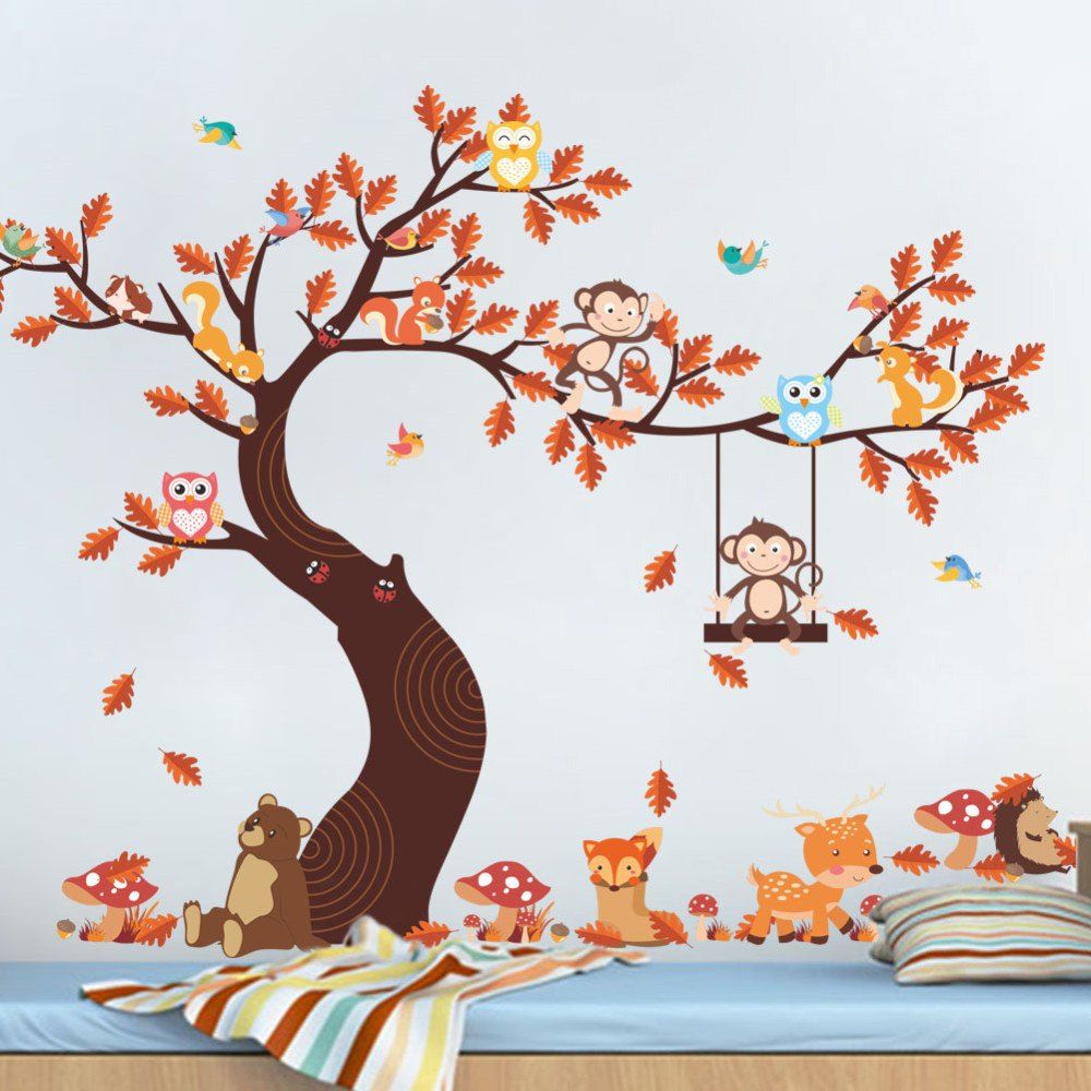 

Children's room wall sticker decorating cartoon owl maple leaf tree monkey, Multi-a