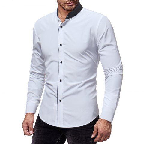 

Fashion Contrast Stand Collar Men's Casual Slim Long Sleeve Plain Shirt, White