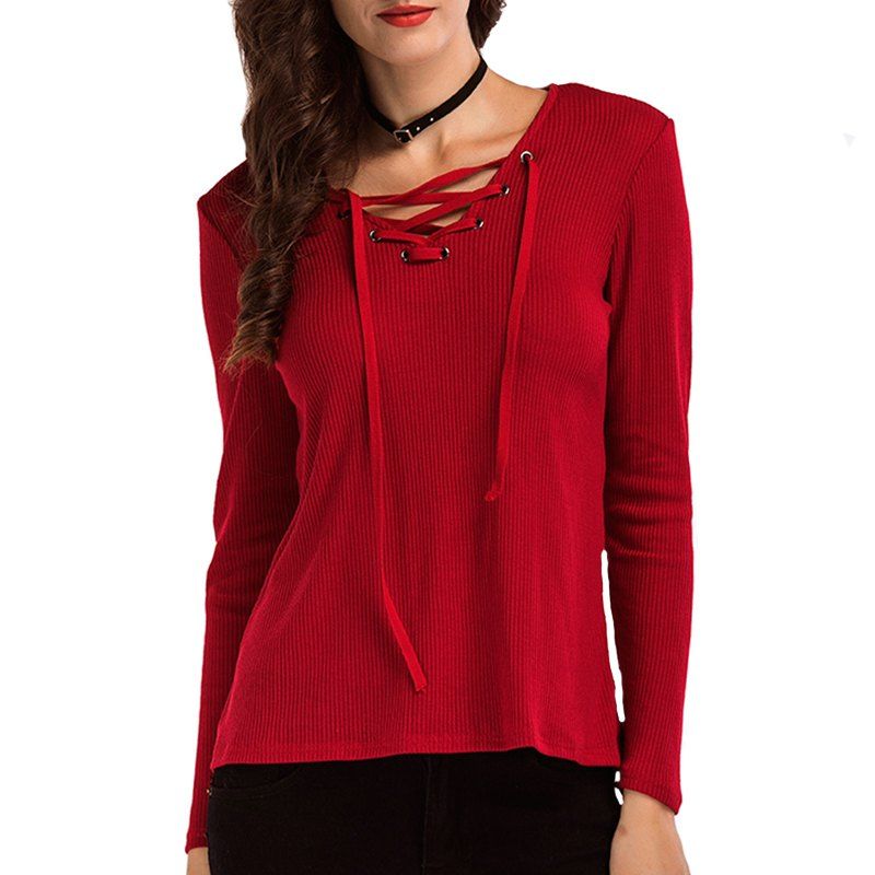 

Autumn V Tie Lace Long Sleeved Jersey Sweater, Red