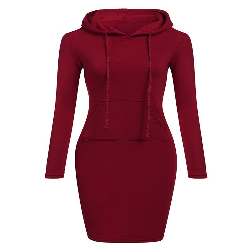 

Women' New Mid-Length V-Neck Long-Sleeved Dress, Red wine