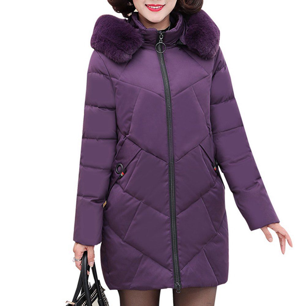 

Long Down Cotton Jacket Plus Size Women Autumn Winter Warm Coat, Eggplant