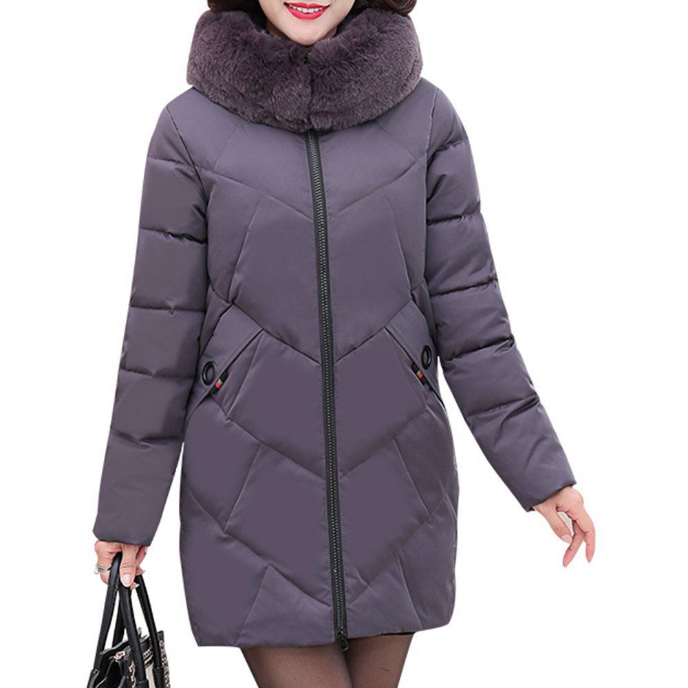 Infron IN FRONT Women Winter Long Outerwear Plus Size Cotton Hooded Parka Coat with Detachable Faux Fur Darkgrey