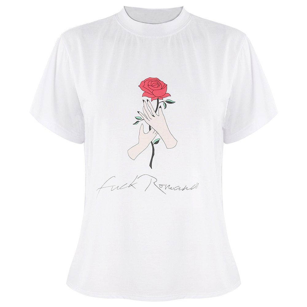 

HAODUOYI Women's Weird and Playful Rose Pattern Print Wild T-Shirt White