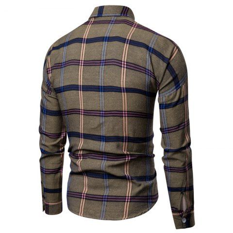 

2018 New Men'S Slim Plaid Long-Sleeved Shirt, Coffee