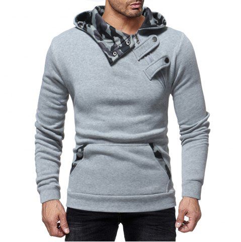 

New Foreign Trade Men'S Fashion Court Buckle Diagonal Hooded Long-Sleeved, Light gray