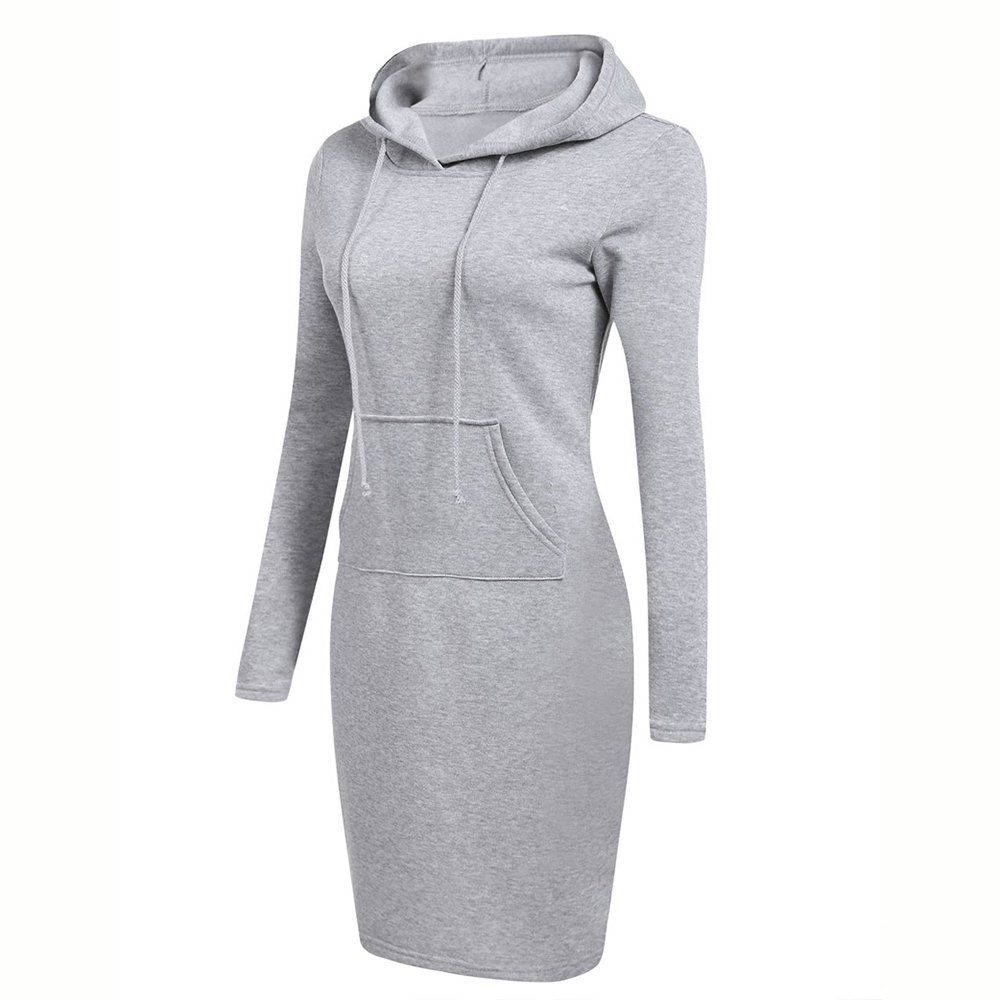 

New Women'S Casual Solid Color Long V - Neck Long Sleeve Dress in Autumn and Win, Light gray