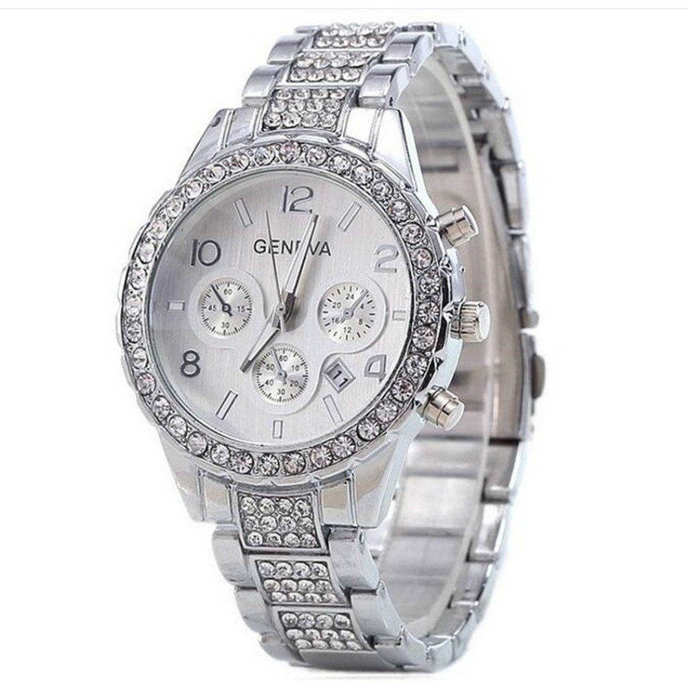 

GENEVA Women Fashion Leisure Diamond Encrusted Steel Band Calendar Quartz Watch, Multi-a