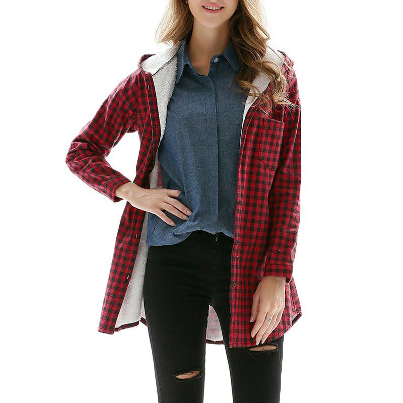 

Large Size Women's Plus Velvet Hooded Long Plaid Jacket, Red