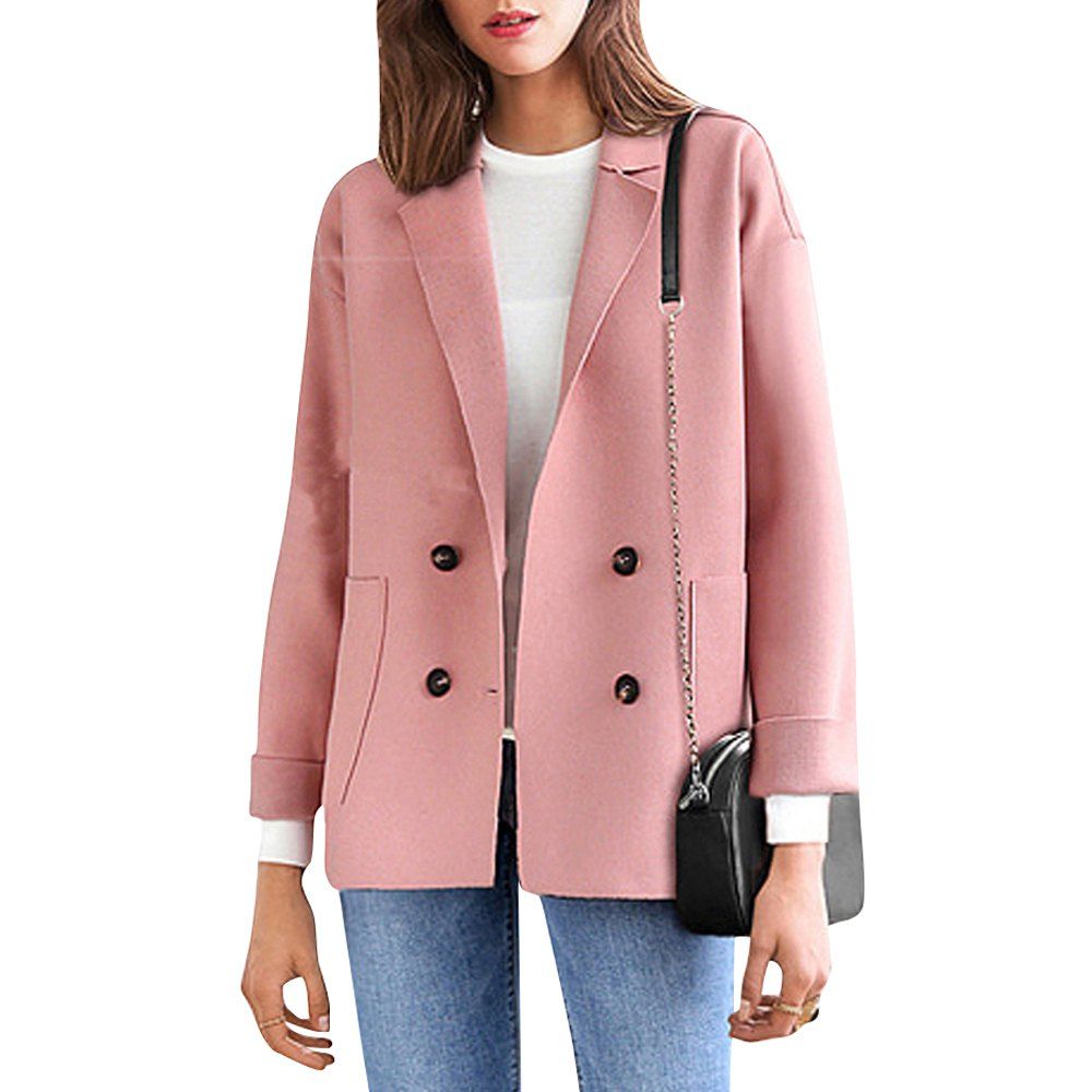 

Women's Plus Size Coat Long Sleeve Notched Collar Solid Color Loose Coat, Pink