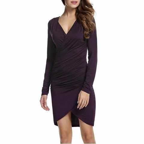 

Deep V Skinny and Long Sleeved Dress, Purple