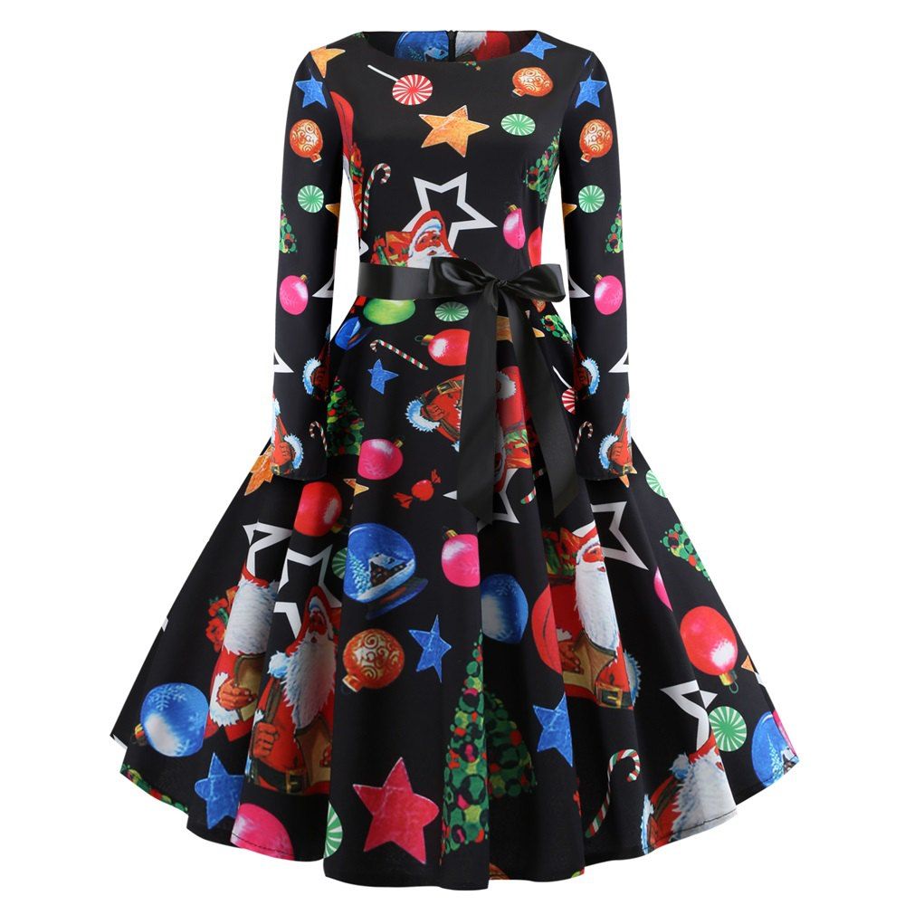 

Christmas Print Long Sleeve Large Dress Women's Dress, Multi-a