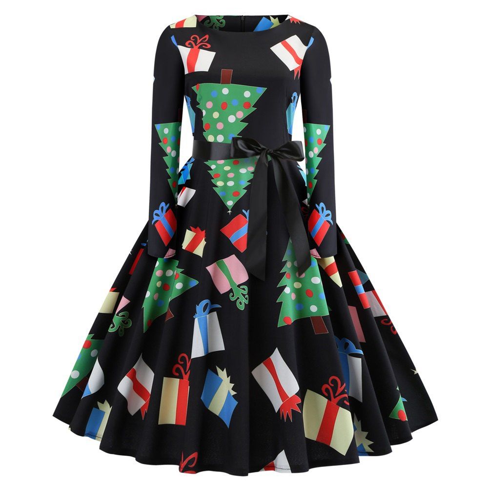 

Christmas Print Long Sleeve Large Dress Women's Dress, Multi-b