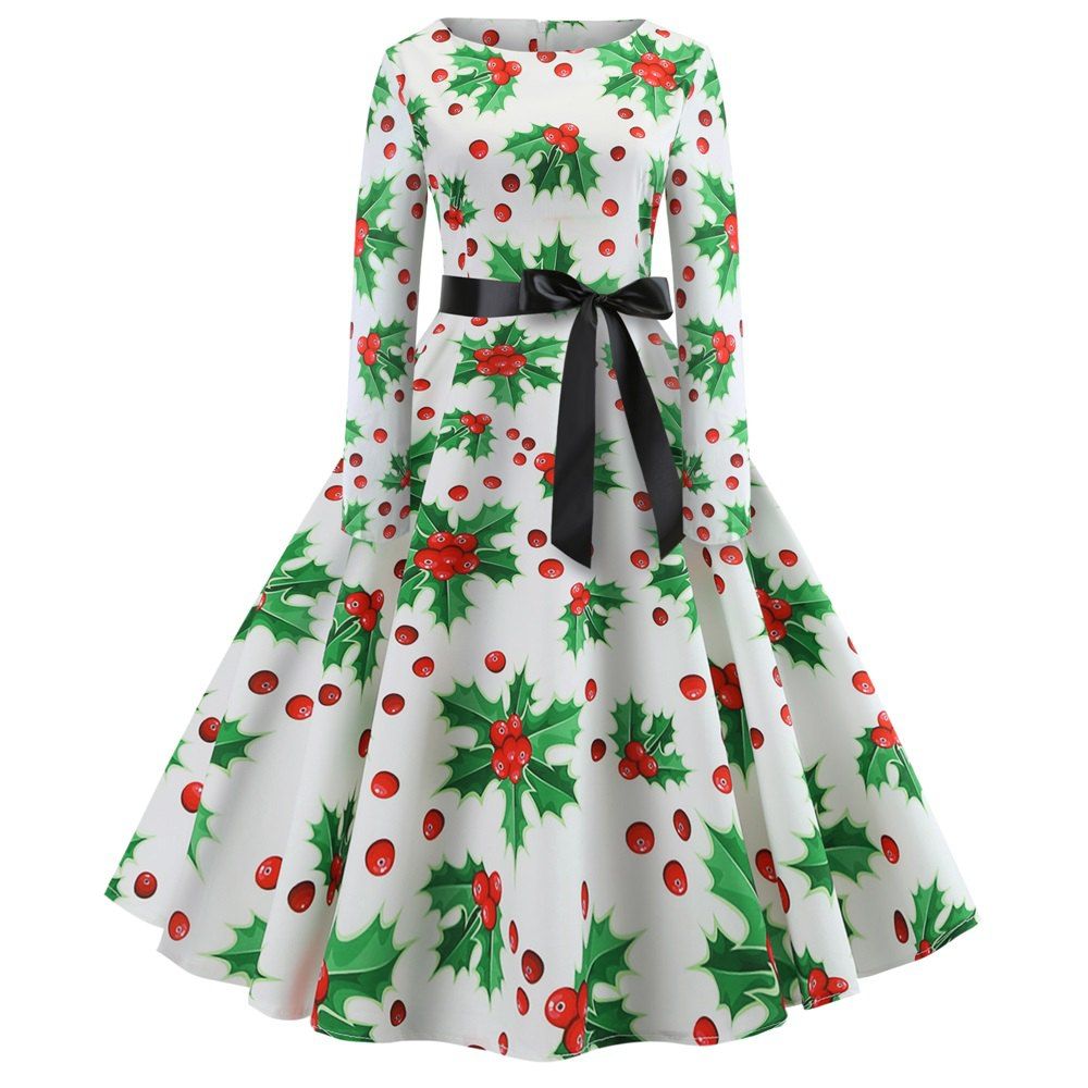 

2018 Christmas Print Long Sleeve Dress, Multi-c