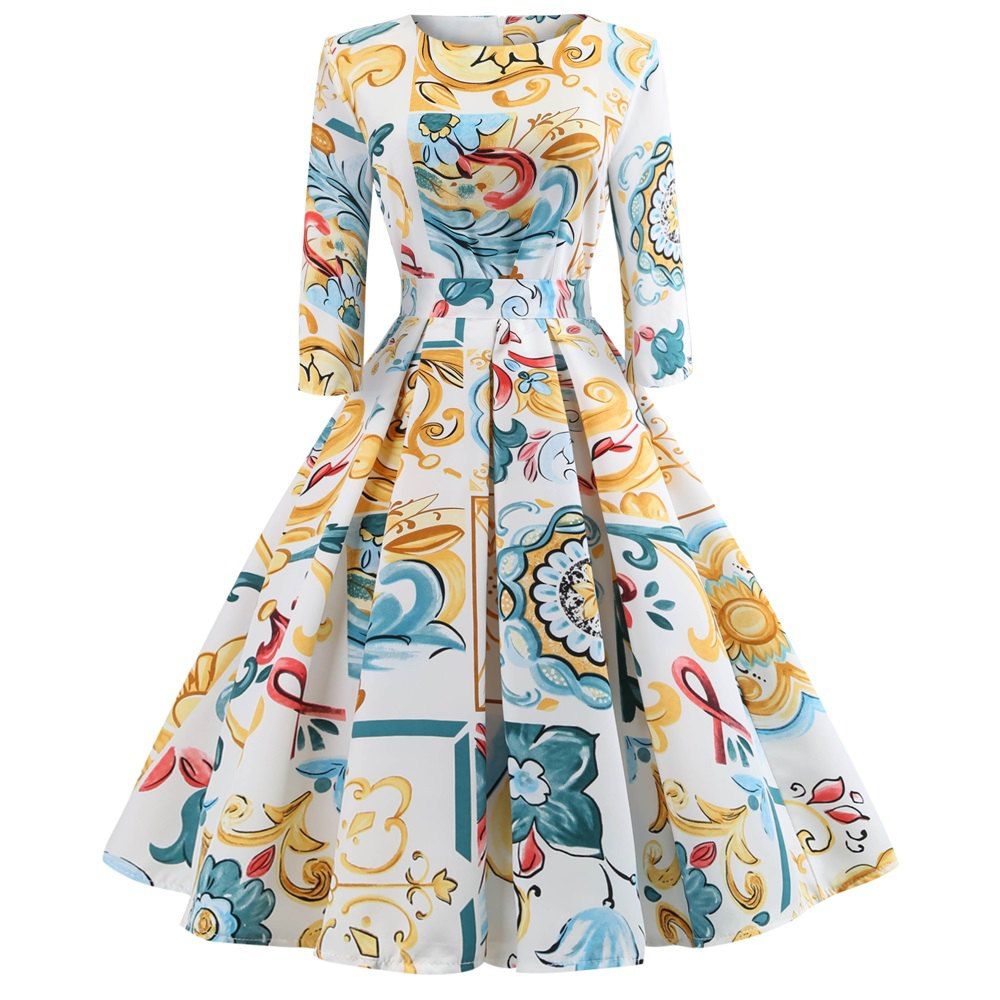 

Retro Waist Cropped Sleeves Printed Large Swing Dress, Multi-a