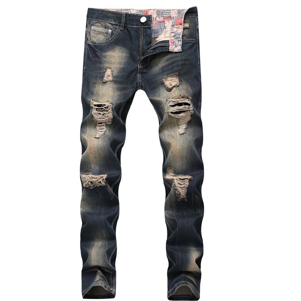 

Broken Hole Nostalgic Straight Men's Denim Trousers, Multi-a