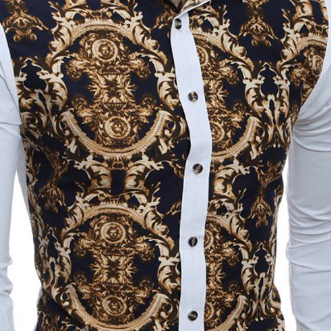 

Vintage Print Men's Casual Slim Long Sleeve Shirt, White