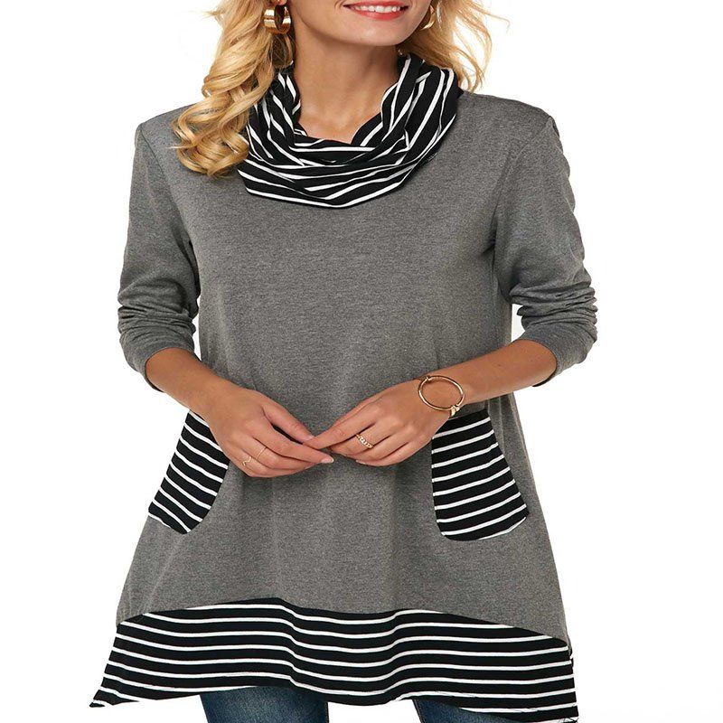 

New Long Sleeve High Neck Long Stripe Dress, Gray