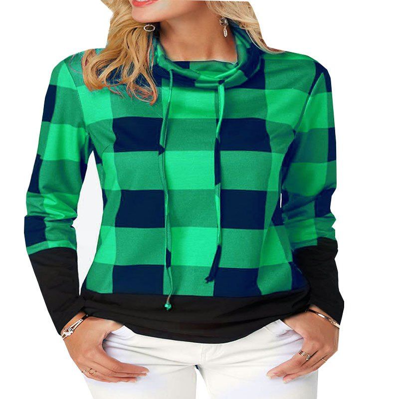 

New Women'S Long Sleeve Shirt with High Collar and Plaid, Jungle green