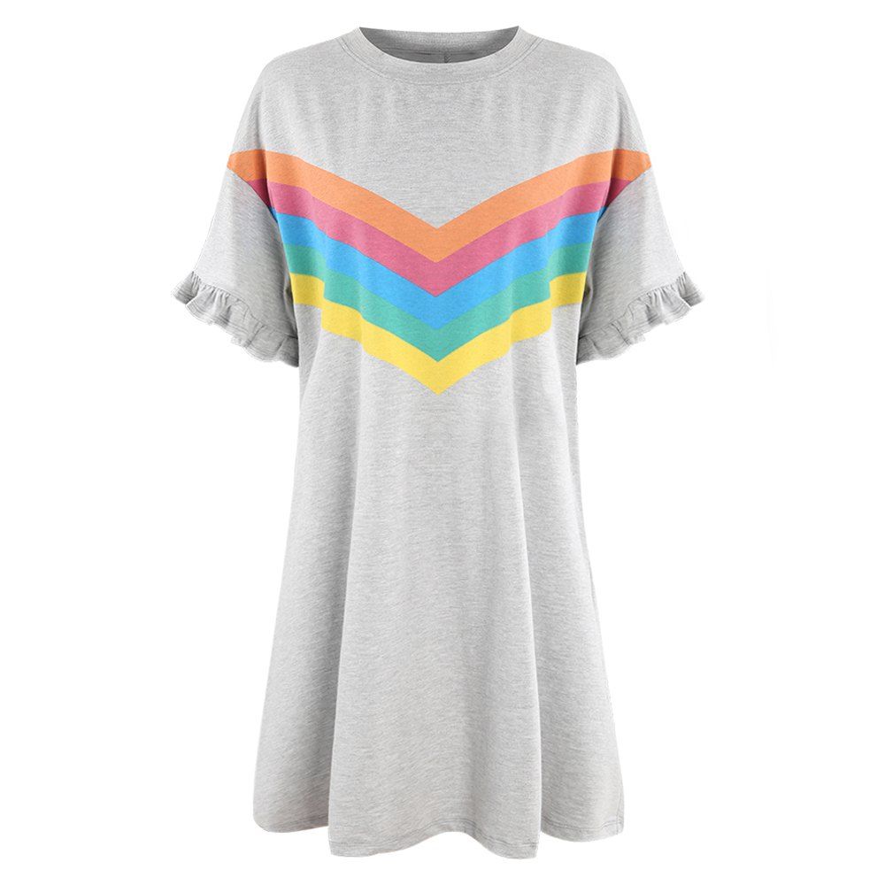 

KISSMILK Women'S V-Shaped Rainbow Printed Wooden Ear Loose Dress Gray, Gray cloud