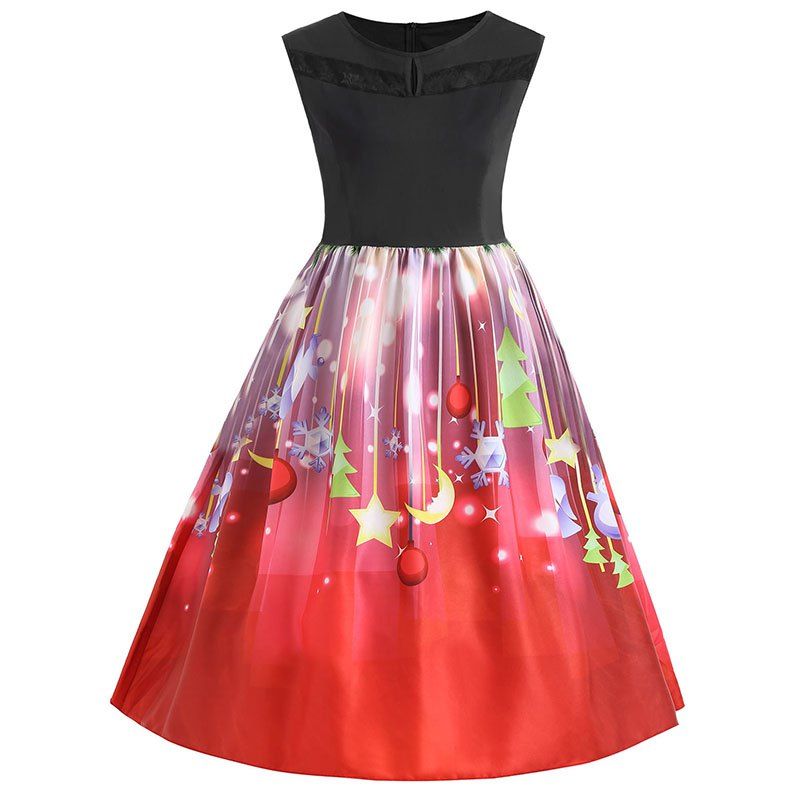 

Sleeveless Printing Splicing Christmas Party Dress, Bean red