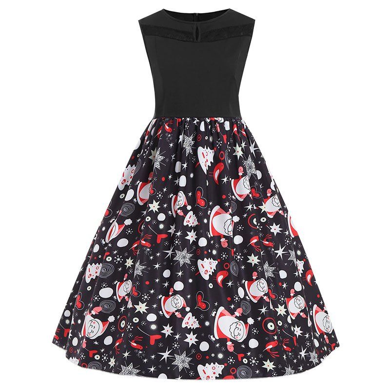 Sleeveless Printing Splicing Christmas Party Dress, Black