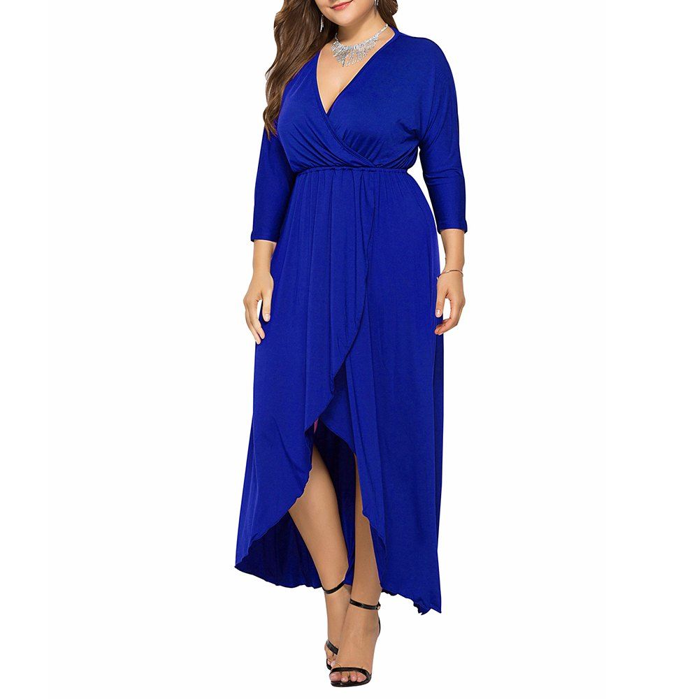 

Women's Deep V Sexy Solid Color Split Swing More Colors Plus Size Dress, Blue