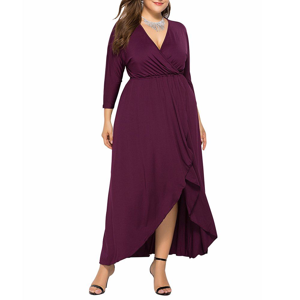 

Women's Deep V Sexy Solid Color Split Swing More Colors Plus Size Dress, Plum pie