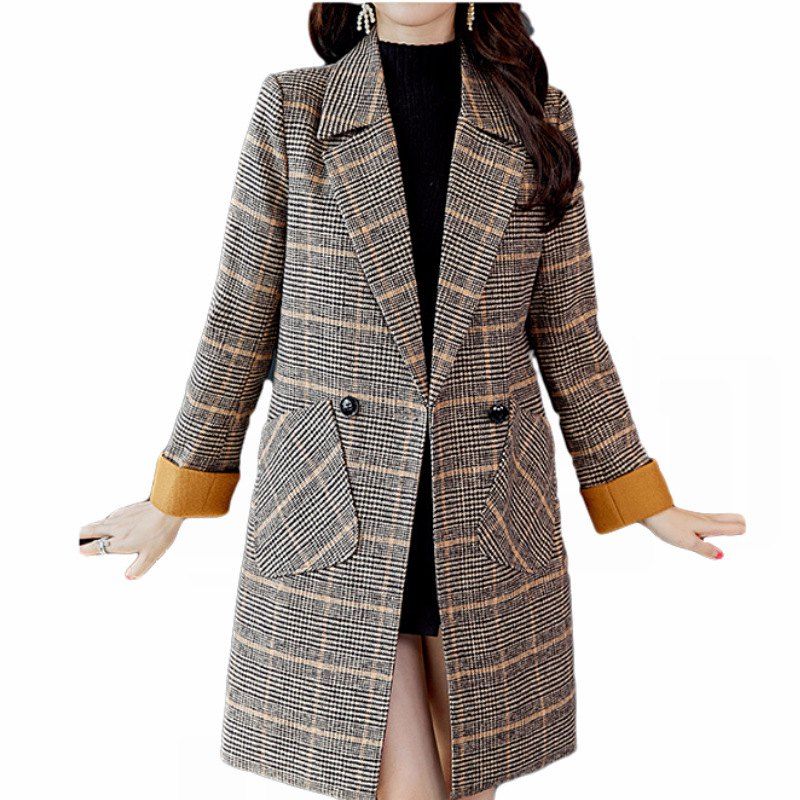 

Ladies' Thin Woolen Autumn and Winter Plaid Temperament Coat Windbreaker Jacket, Gray
