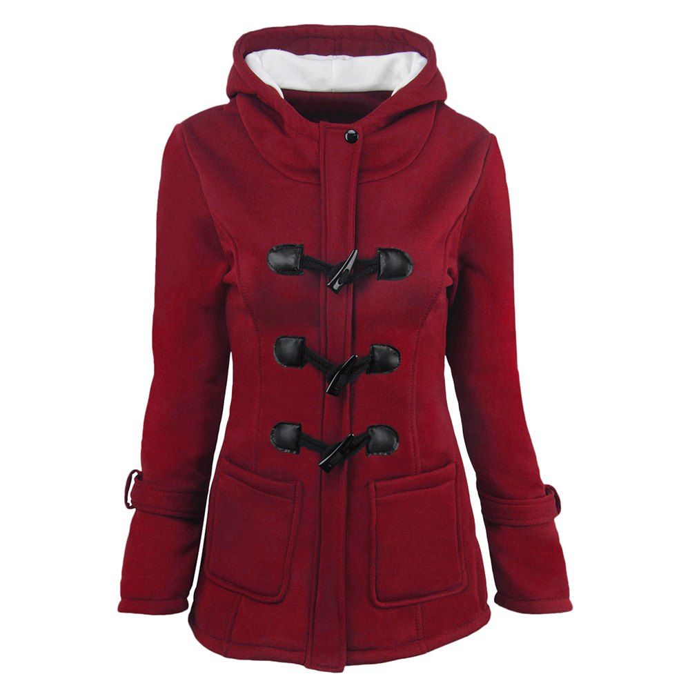 

Women'S Cotton Long-Sleeved Hooded Wool-Blend Horn Leather Buckle Winter Coat, Red