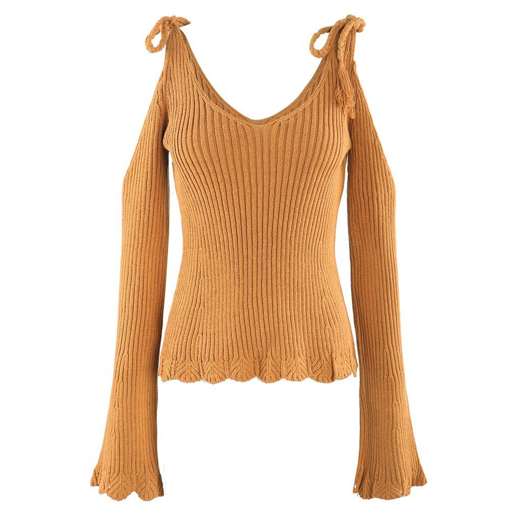 

KISSMILK Women'S Solid Color Trumpet Sleeve Sweater Brown, Caramel