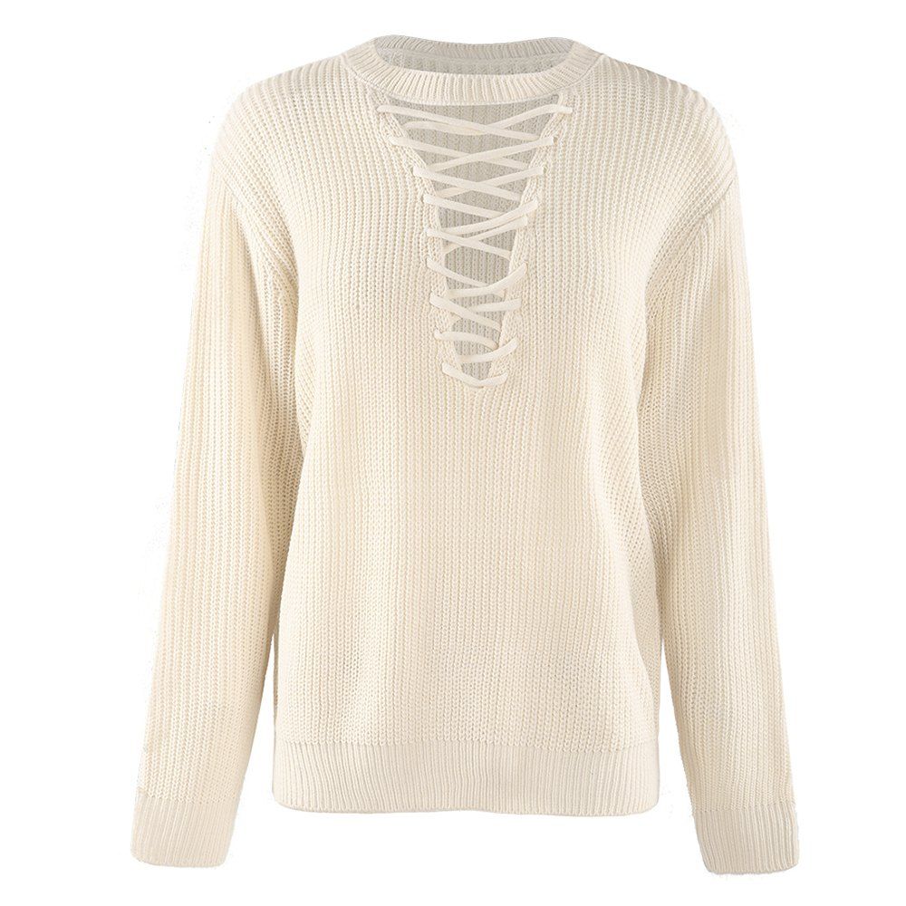 

KISSMILK Women'S Neckline Bandage Openwork Sweater Yellow, Beige